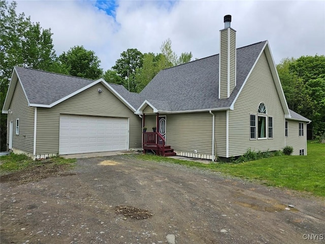 437 Nye Rd, Virgil, NY 13045 - view of front of property featuring a shingled roof, an attached garage, dirt driveway, and a chimney