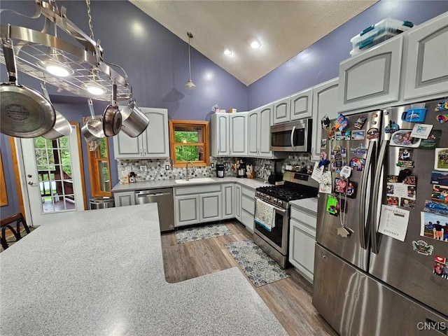 437 Nye Rd, Virgil, NY 13045 - kitchen featuring stainless steel appliances, a sink, high vaulted ceiling, light wood-style flooring, and light countertops