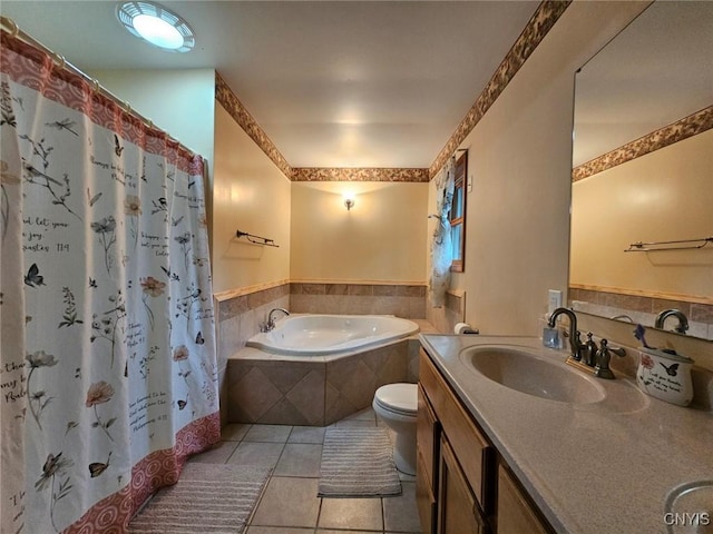 437 Nye Rd, Virgil, NY 13045 - bathroom with tile patterned floors, a bath, vanity, toilet, and a shower with curtain