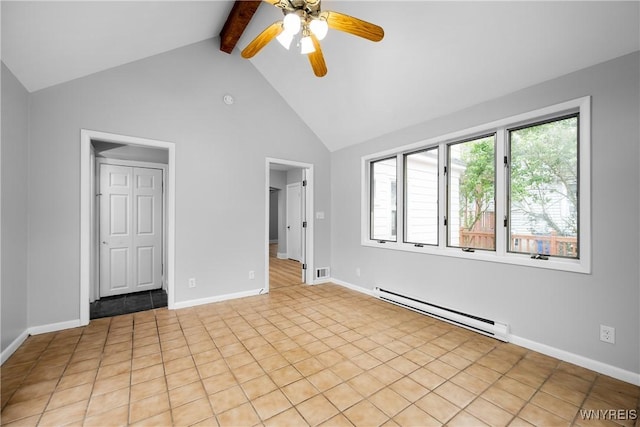 unfurnished bedroom featuring baseboard heating, beam ceiling, baseboards, connected bathroom, and light tile patterned floors