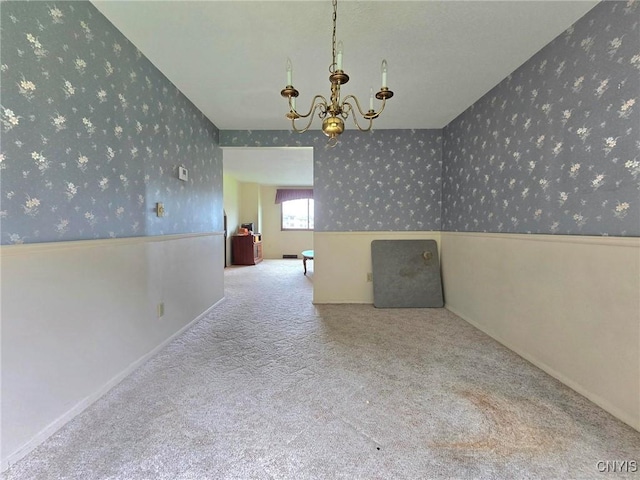 332 Cameco Cir, Salina, NY 13090 - unfurnished dining area featuring wallpapered walls, a chandelier, carpet flooring, and baseboards