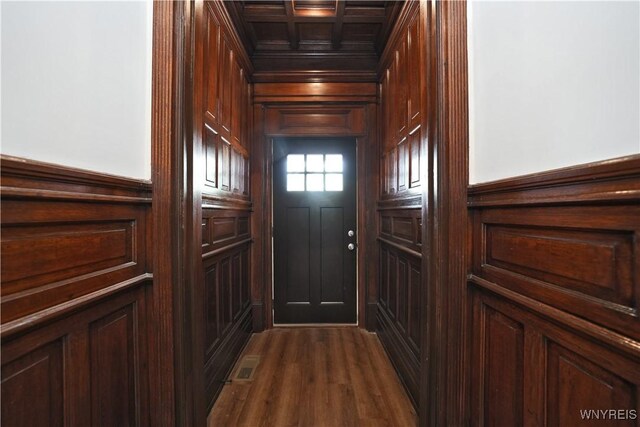 249 E St, Buffalo, NY 14207 - doorway to outside featuring a decorative wall, coffered ceiling, ornamental molding, dark wood-style flooring, and beam ceiling