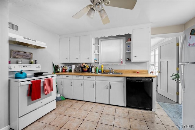 kitchen featuring white appliances, a sink, open shelves, white cabinetry, and light tile patterned floors