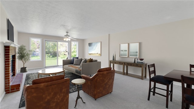 85 Kalyna Dr, Irondequoit, NY 14617 - living area featuring carpet, a ceiling fan, a fireplace, a textured ceiling, and baseboards