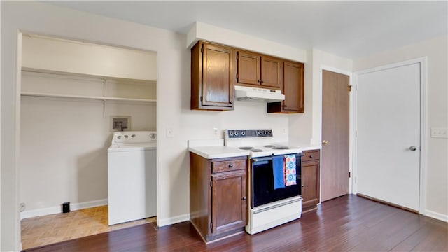 85 Kalyna Dr, Irondequoit, NY 14617 - kitchen with washer / clothes dryer, electric range, light countertops, and dark wood finished floors