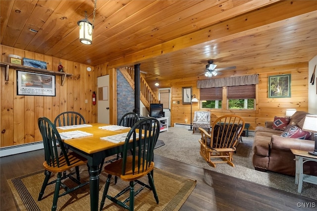 143 Thibado Rd, Webb, NY 13331 - dining area with wood walls, baseboard heating, wood finished floors, ceiling fan, and wood ceiling