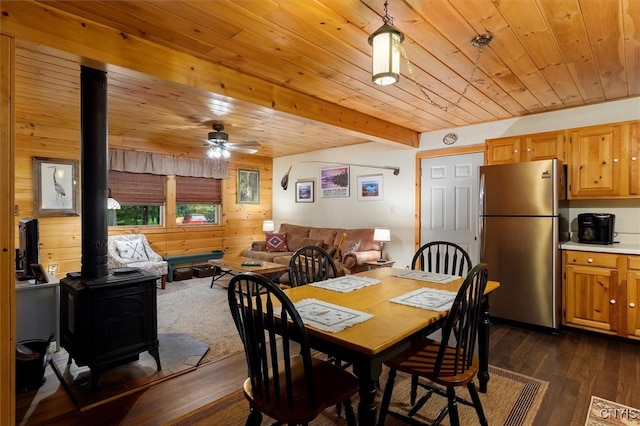 143 Thibado Rd, Webb, NY 13331 - dining room with a wood stove, wood ceiling, dark wood finished floors, ceiling fan, and wood walls
