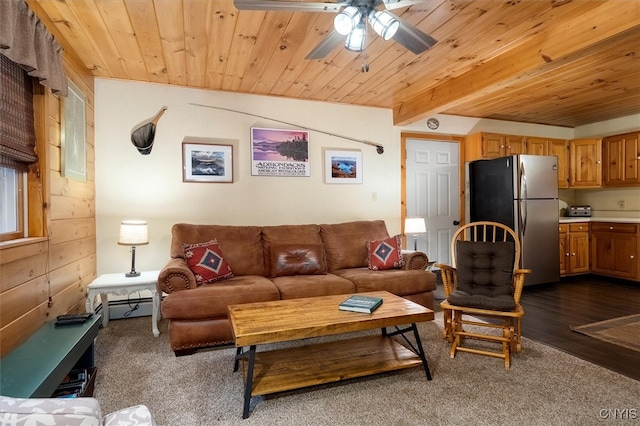 143 Thibado Rd, Webb, NY 13331 - living area featuring baseboard heating, wooden ceiling, a ceiling fan, and dark carpet