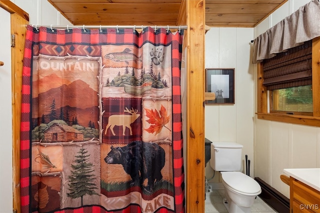 143 Thibado Rd, Webb, NY 13331 - bathroom featuring wood ceiling, toilet, vanity, a shower with curtain, and a decorative wall