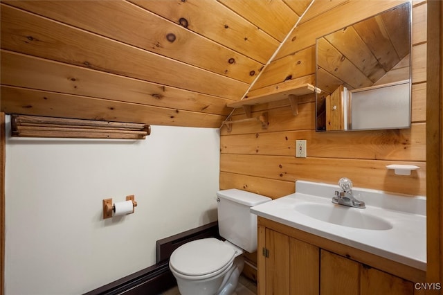 143 Thibado Rd, Webb, NY 13331 - half bath featuring wooden walls, toilet, vaulted ceiling, vanity, and wooden ceiling