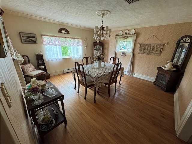 3645 County Highway 12, Kortright, NY 13739 - dining area with a chandelier, baseboard heating, wood finished floors, a textured ceiling, and crown molding