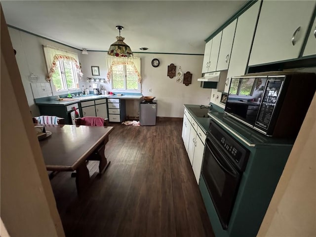 3645 County Highway 12, Kortright, NY 13739 - kitchen with under cabinet range hood, dark wood-type flooring, black microwave, white cabinetry, and dark countertops