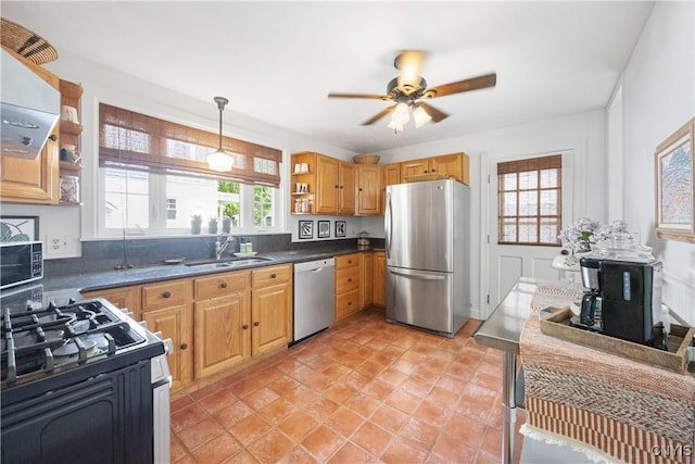 457 Broad St, Oneida-Inside, NY 13421 - kitchen featuring appliances with stainless steel finishes, open shelves, a sink, ceiling fan, and dark countertops