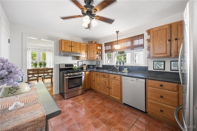 457 Broad St, Oneida-Inside, NY 13421 - kitchen with stainless steel appliances, open shelves, under cabinet range hood, and plenty of natural light