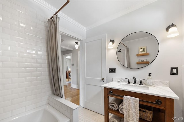 457 Broad St, Oneida-Inside, NY 13421 - full bathroom with crown molding, vanity, shower / bath combo, and tile patterned flooring