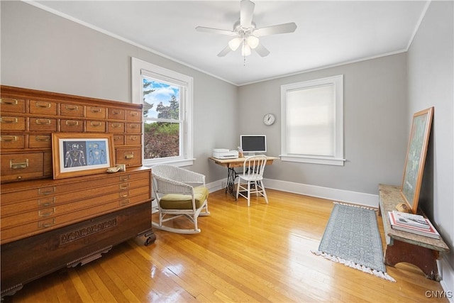457 Broad St, Oneida-Inside, NY 13421 - office space with light wood-style flooring, baseboards, crown molding, and a ceiling fan