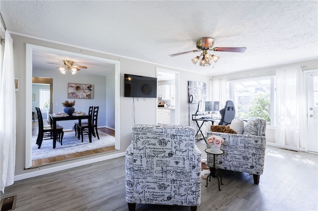 111 Barlow Dr, Greece, NY 14626 - living area featuring a ceiling fan, wood finished floors, a textured ceiling, baseboards, and ornamental molding