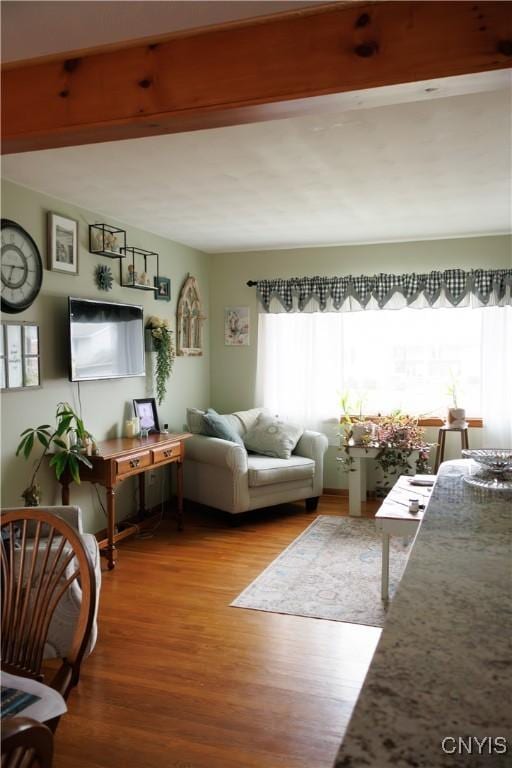 95 Briarcliff Dr, Veteran, NY 14845 - living area featuring wood finished floors and beamed ceiling