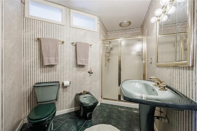 8508 Wickham Blvd, Sodus, NY 14555 - bathroom featuring toilet, tile patterned flooring, a stall shower, wallpapered walls, and a bidet