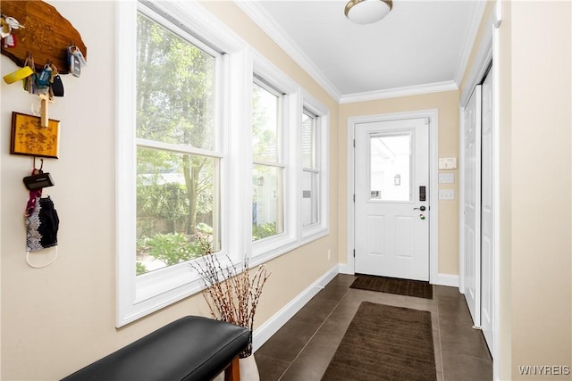85 Windsor Ave, Buffalo, NY 14209 - entryway with ornamental molding, dark tile patterned flooring, and baseboards