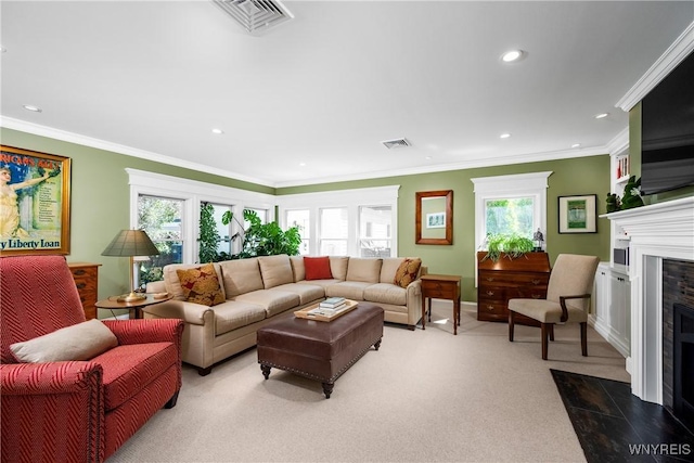 85 Windsor Ave, Buffalo, NY 14209 - carpeted living area with healthy amount of natural light, a high end fireplace, recessed lighting, ornamental molding, and baseboards