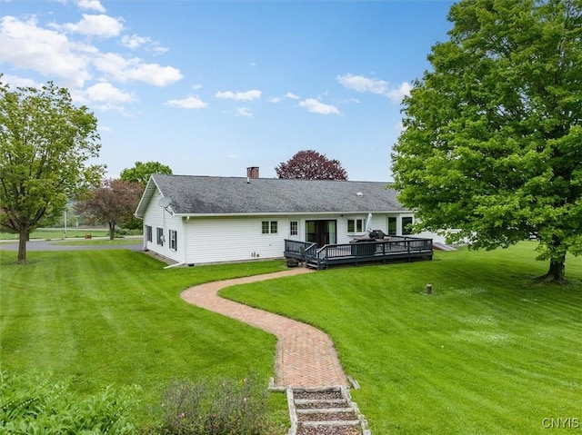 6924 Lebanon Rd, Lebanon, NY 13332 - rear view of property with a deck, a chimney, a yard, and a shingled roof