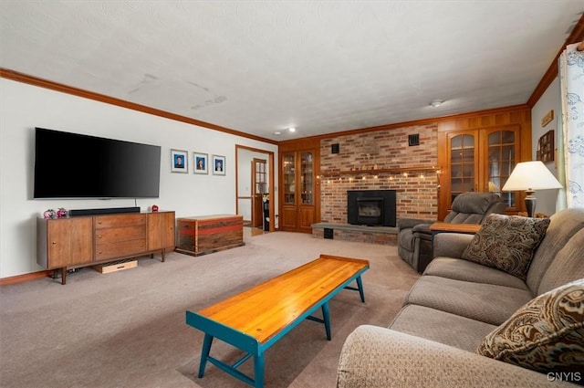 6924 Lebanon Rd, Lebanon, NY 13332 - living room with ornamental molding, light colored carpet, and a fireplace