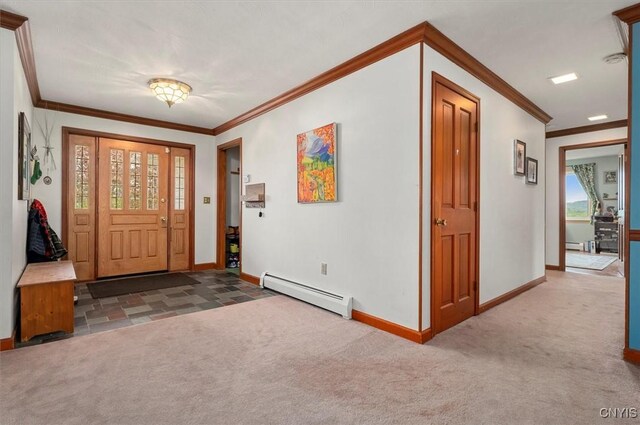 6924 Lebanon Rd, Lebanon, NY 13332 - carpeted foyer entrance with a baseboard heating unit, ornamental molding, plenty of natural light, and baseboards