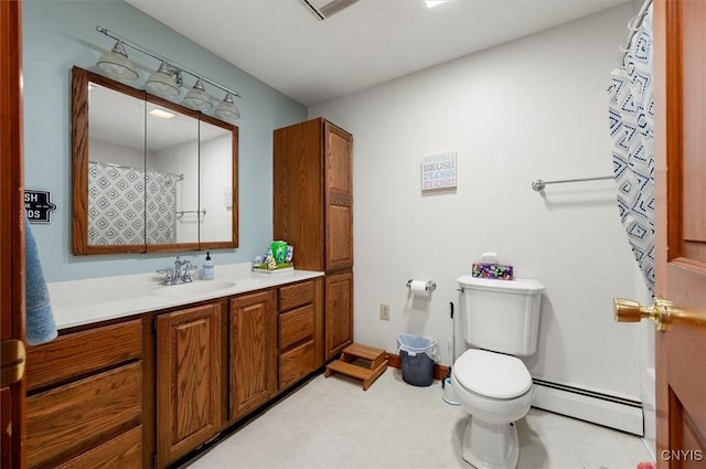 6924 Lebanon Rd, Lebanon, NY 13332 - bathroom featuring baseboard heating, toilet, vanity, and curtained shower