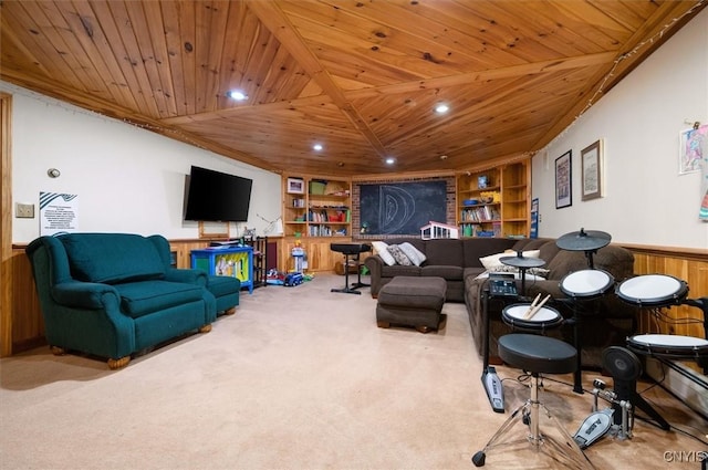 6924 Lebanon Rd, Lebanon, NY 13332 - recreation room featuring built in features, wood ceiling, wainscoting, carpet floors, and recessed lighting