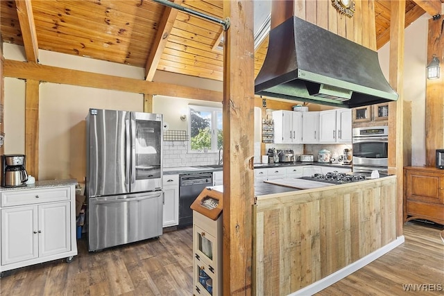 7508 Lakeside Rd, Ontario, NY 14519 - kitchen featuring stainless steel appliances, custom exhaust hood, white cabinetry, dark wood-style flooring, and wooden ceiling