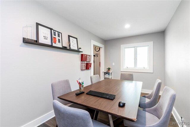 4830 Transit Rd, Cheektowaga, NY 14043 - dining area featuring baseboards, dark wood finished floors, and recessed lighting