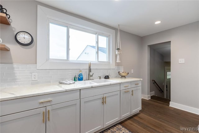 4830 Transit Rd, Cheektowaga, NY 14043 - kitchen featuring open shelves, a sink, dark wood finished floors, backsplash, and baseboards