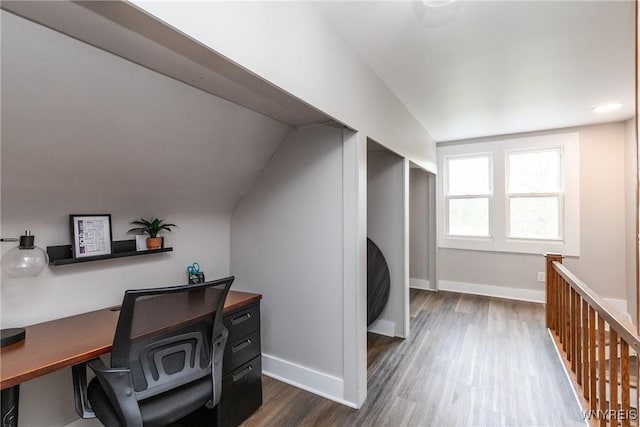4830 Transit Rd, Cheektowaga, NY 14043 - home office featuring dark wood-type flooring, baseboards, and vaulted ceiling