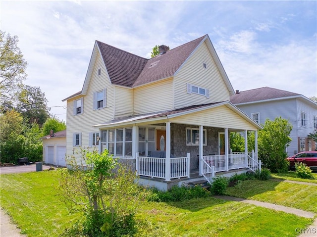 401 Palmer St, Frankfort, NY 13340 - view of front of home featuring a front yard, a porch, a shingled roof, and a chimney