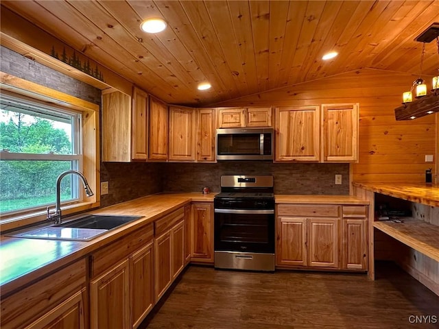 3742 State Route 8, Ohio, NY 13324 - kitchen featuring stainless steel appliances, a sink, lofted ceiling, tasteful backsplash, and dark wood-type flooring