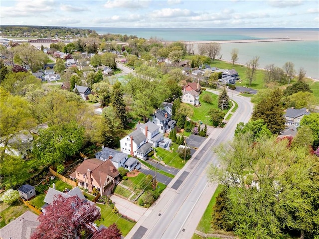 aerial perspective of suburban area with a nearby body of water