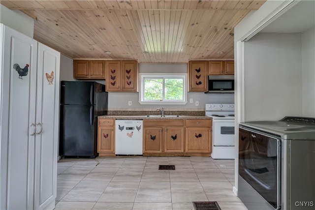 124 Haven St, Watertown-City, NY 13601 - kitchen featuring white appliances, washer / dryer, a sink, wood ceiling, and light tile patterned floors