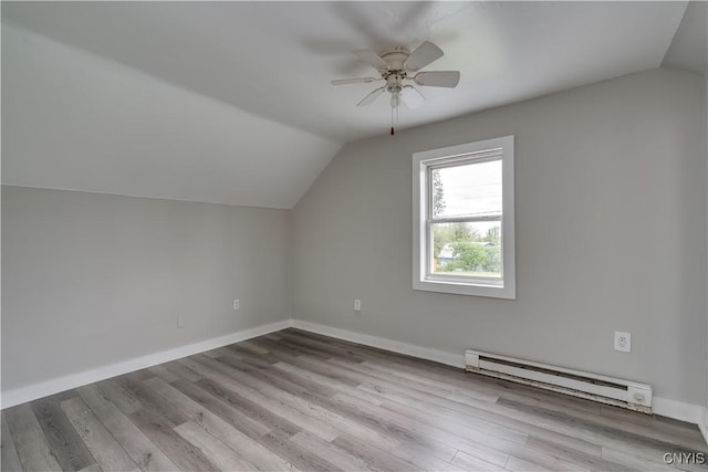 124 Haven St, Watertown-City, NY 13601 - bonus room featuring a baseboard radiator, lofted ceiling, wood finished floors, ceiling fan, and baseboards