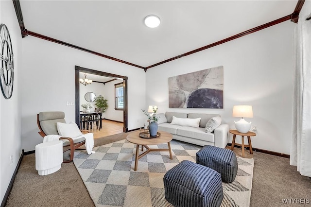 397 14th St, Buffalo, NY 14213 - living room with crown molding, carpet flooring, baseboards, and a chandelier