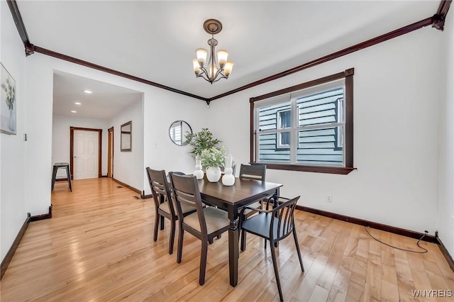 397 14th St, Buffalo, NY 14213 - dining room featuring a chandelier, baseboards, light wood-style floors, ornamental molding, and recessed lighting