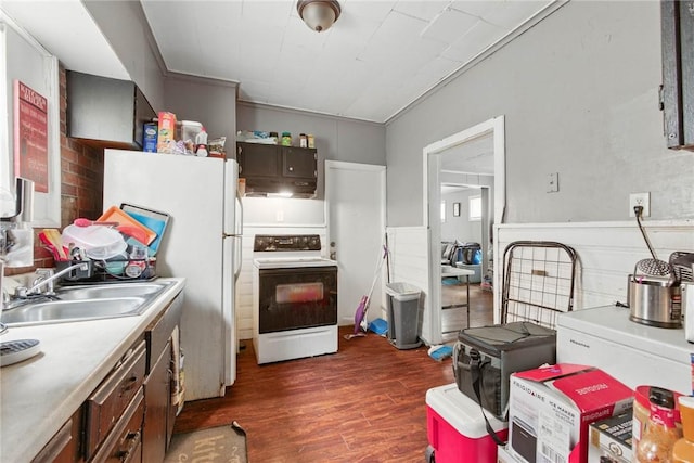 118 Electric Ave, Rochester, NY 14613 - kitchen with range, a sink, dark wood-style floors, freestanding refrigerator, and light countertops