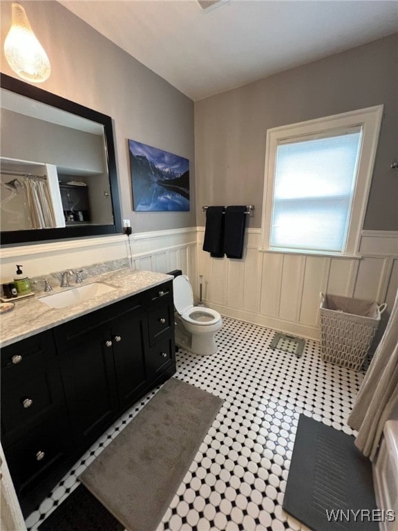 536 Potomac Ave, Buffalo, NY 14222 - bathroom featuring a wainscoted wall, toilet, vanity, and a decorative wall