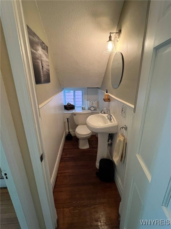 536 Potomac Ave, Buffalo, NY 14222 - half bath with a textured ceiling, wood finished floors, toilet, vaulted ceiling, and a sink
