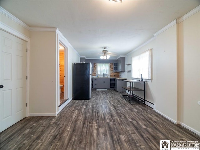 78 Benson St, Jamestown, NY 14701 - kitchen with freestanding refrigerator, dark wood finished floors, crown molding, gray cabinetry, and baseboards