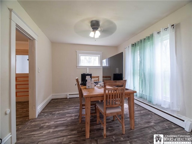 78 Benson St, Jamestown, NY 14701 - dining room with baseboard heating, dark wood-type flooring, and ceiling fan