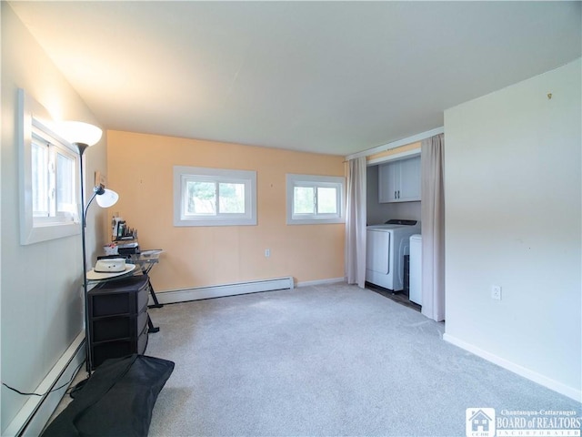 78 Benson St, Jamestown, NY 14701 - living area featuring a baseboard radiator, washer and dryer, light colored carpet, and baseboards