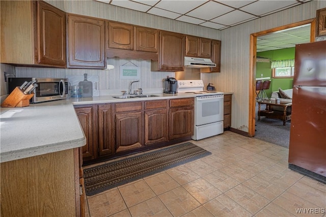 4609 E Lake Rd, Wilson, NY 14172 - kitchen featuring electric stove, under cabinet range hood, a sink, freestanding refrigerator, and light countertops