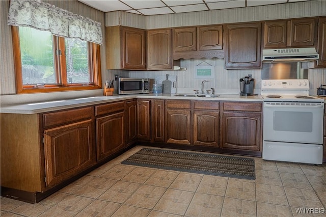 4609 E Lake Rd, Wilson, NY 14172 - kitchen featuring white range with electric cooktop, under cabinet range hood, a sink, stainless steel microwave, and light countertops