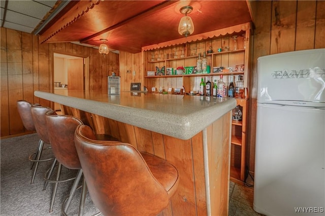 4609 E Lake Rd, Wilson, NY 14172 - indoor bar with fridge, wooden walls, and carpet floors